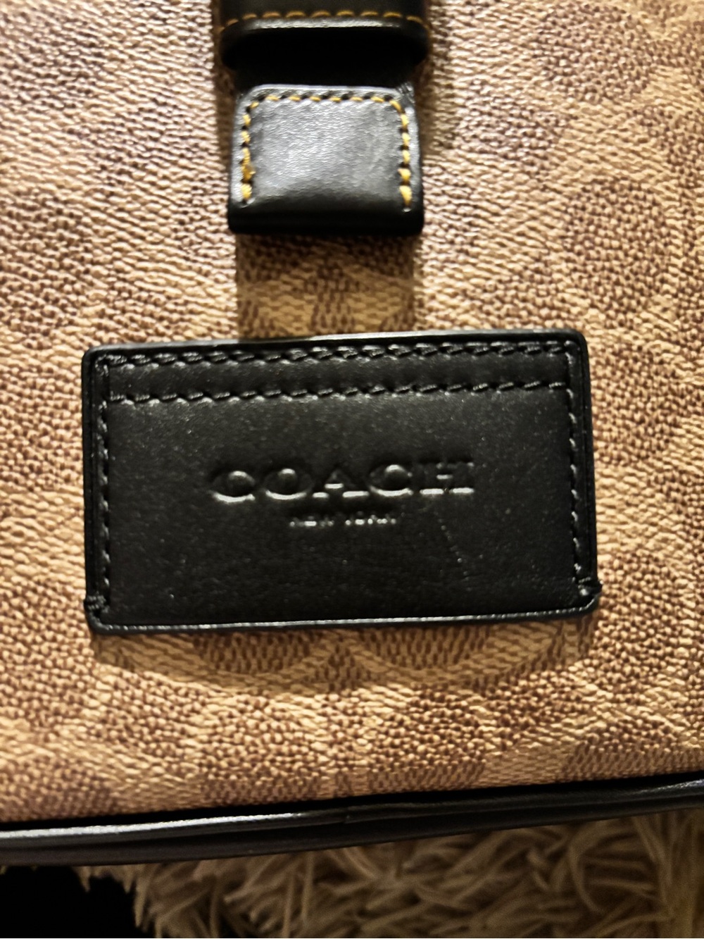 COACH Brown Signature Canvas Messenger Crossbody Bag with Black Leather Badge